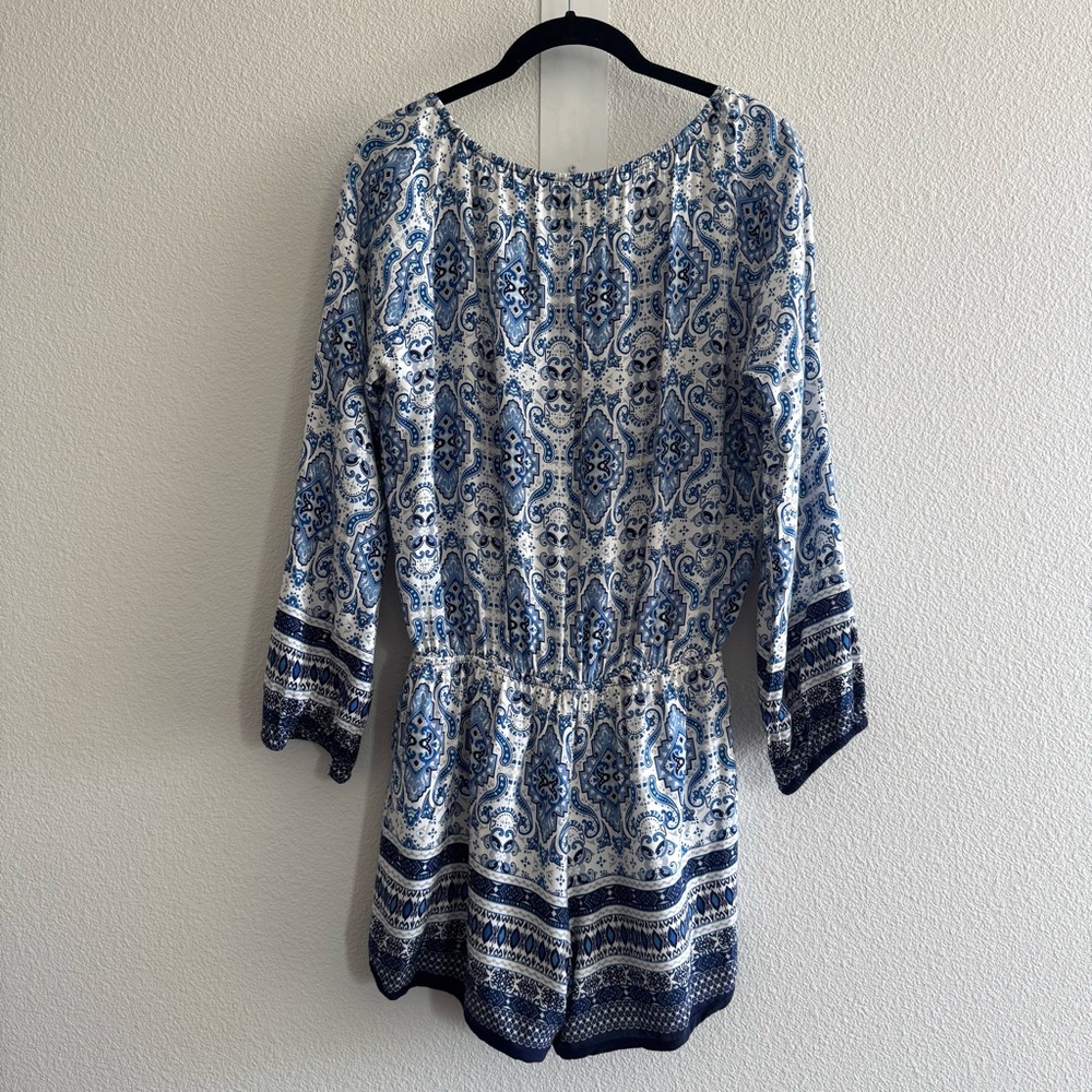 Athropologie Elevenses Basia Romper Long Sleeve V Neck Boho Blue Coastal Resort - Picture 4 of 13